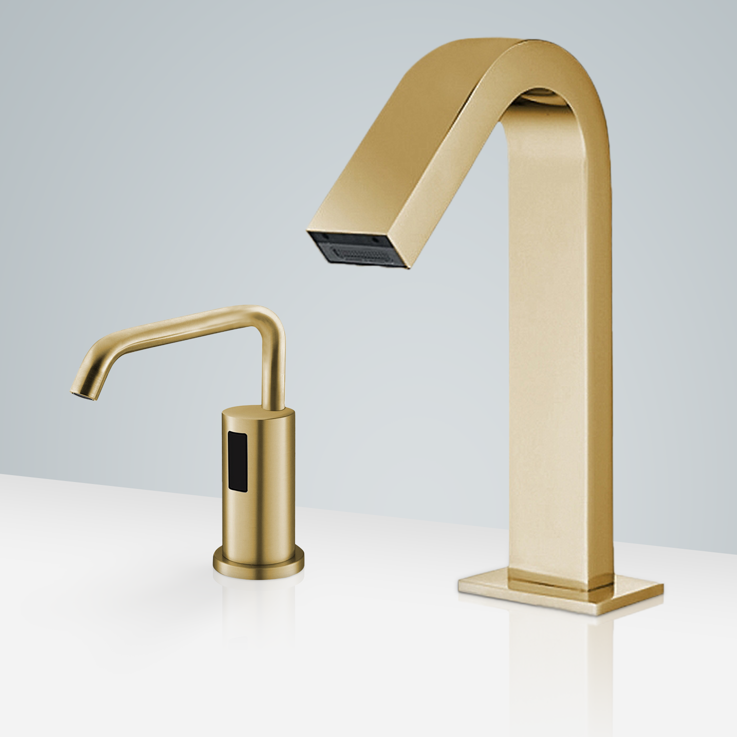 Valence Brushed Gold Finish Freestanding Motion Sensor Faucet & Automatic Liquid Soap Dispenser For Restrooms
